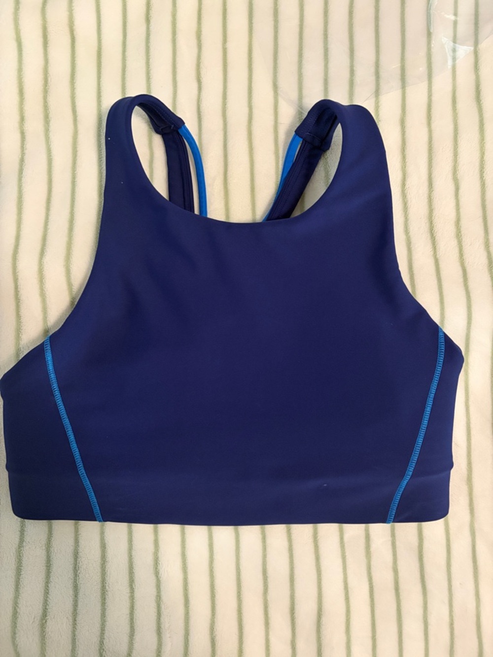 Athleta Deep Blue High-Neck Sports Bra with Bright Blue Trim